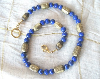 Lapis lazuli and antique Ethiopian brass bead necklace