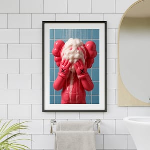 Pink Kaws in Shower Hypbeast Poster - Printable Art for Shower Wall, DIGITAL DOWNLOAD ONLY, Washroom Wall Decor, Kaws Figure, Kaws poster