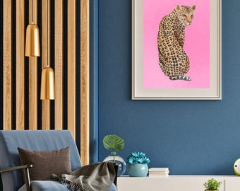Leopard Wall Art Print – Pink Jungle Animal Illustration, Modern Safari Decor, Bold Watercolor Leopard Poster, Digital Download