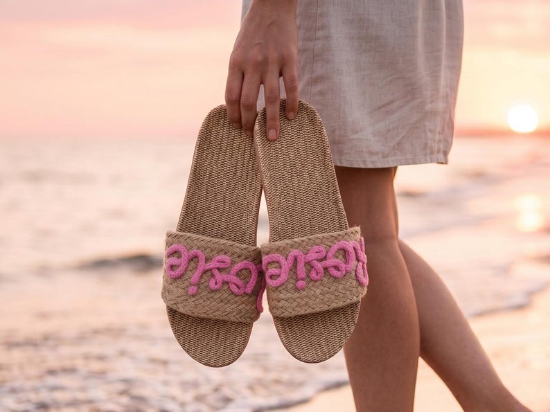 K&ouml;nnte beinhalten: Ein Paar gewebte beige Sandalen mit rosa Schreibschrift "Rosie" auf der Oberseite. Die Sandalen werden vor einer Strandszene bei Sonnenuntergang gehalten.