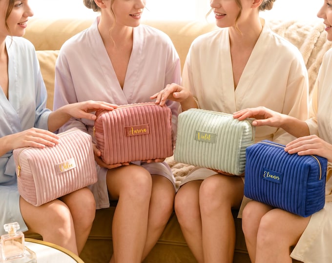Personalized Velvet Cosmetic Bag, Customized Makeup Pouch, Bridesmaid Gift