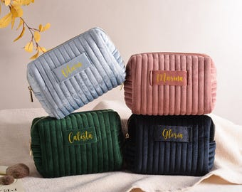 Pochette cosmetica in velluto personalizzata, trousse per il trucco su misura, regalo per damigelle d'onore.