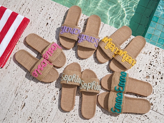 Handmade Straw Crochet Boho Slippers, Personalized Bride Bridesmaid Slippers, Summer Vacation Shoes for Women