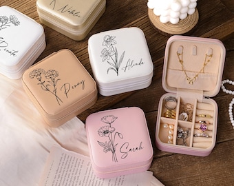 Joyero de viaje personalizado, regalos para damas de honor, estuche para joyas para damas de honor, joyero con flor de nacimiento, joyero con nombre personalizado, regalo para ella
