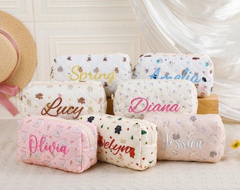Personalized Quilted Makeup Bag, Floral Cosmetic Bag, Embroidered Makeup Bag, Women Toiletry Bag, Bridesmaid Makeup Bag, Bridesmaid Gifts