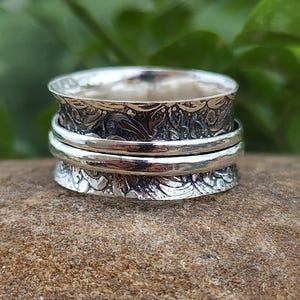 925 Sterling Silver Spinner Ring | Floral Engraved Fidget Ring | Boho Meditation Ring for Anxiety Relief | Handmade Wide Band Thumb Ring