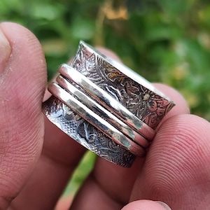 925 Sterling Silver Spinner Ring | Floral Engraved Meditation Ring | Fidget Ring for Anxiety Relief | Handmade Boho Spinner Band