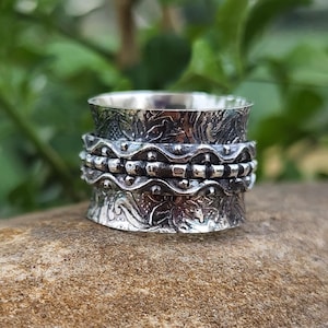925 Sterling Silber Blumen Spinner Ring | Vintage Boho Meditationsband | Handgefertigte Angst Fidget Ring | Unisex Silber Daumen Ring