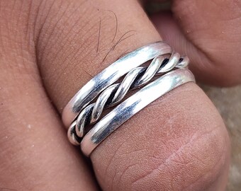 Sterling Silver Twisted Band Ring Set, Minimalist Stackable Braided Silver Bands