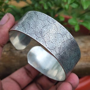Sterling Silver Open Cuff Bangle | Hand-Etched Tribal Bracelet