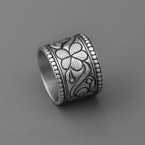 Sterling Silver Flower Band Ring | Wide Floral Statement Ring for Women | Handmade Boho Jewelry Gift | Unique Silver Wide Band