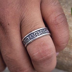 Greek Key Pattern Silver Ring – 925 Sterling Silver Oxidized Greek Design Band Ring for Men & Women –Handmade Minimalist Unisex Jewelry Gift