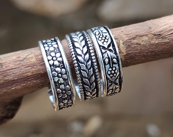 Oxidized Silver Floral Ring Set, Boho Vintage Stacking Band Jewelry
