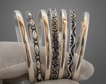 Handmade Sterling Silver Bangle Set | Stackable Boho Floral Bracelets