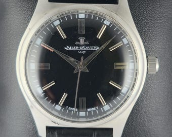 Luxuriöser überholter Jaeger-LeCoultre Herrenarmbanduhr mit schwarzem Zifferblatt - Handaufzug - Lederband