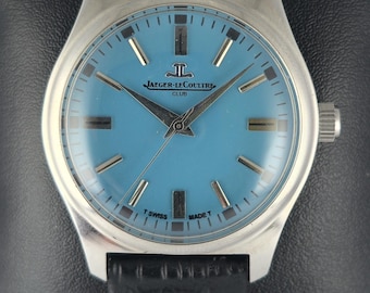 Luxuriöser restaurierter Jaeger-LeCoultre-Armbanduhr mit blauem Zifferblatt, analoger Herrenuhr, Handaufzug, Lederband