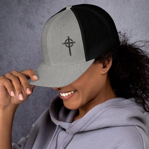 Christian Trucker Hat - Black Embroidered Cross Emblem, Breathable Mesh Backing, Elegant Design