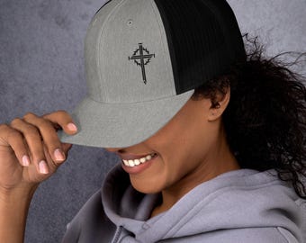 Christian Trucker Hat - Black Embroidered Cross Emblem, Breathable Mesh Backing, Elegant Design