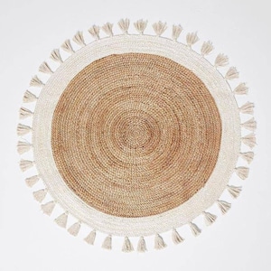 Hand Braided Jute Rug with White Tassels - Boho Home Decor Round