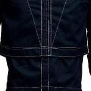 May include: A dark navy blue long-sleeve shirt featuring prominent white contrast stitching. The design includes a vertical panel down the centre chest, a horizontal seam across the midsection, and a V-shaped stitch pattern on the upper torso.