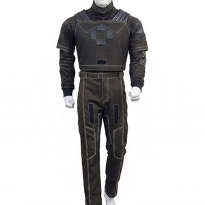 May include: A dark brown long-sleeved top and matching trousers set featuring a high collar, structured shoulder panels, and white contrast stitching. The top includes a central rectangular patch design, while the trousers feature a belt and vertical paneling details throughout the garment.