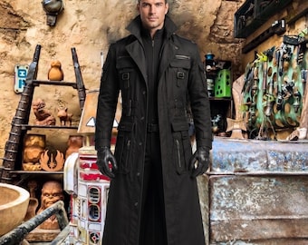 Black Cyberpunk Trench Coat Gothic Canvas Tactical Overcoat Cosplay Costume Jacket Matrix Inspired Stage Wear