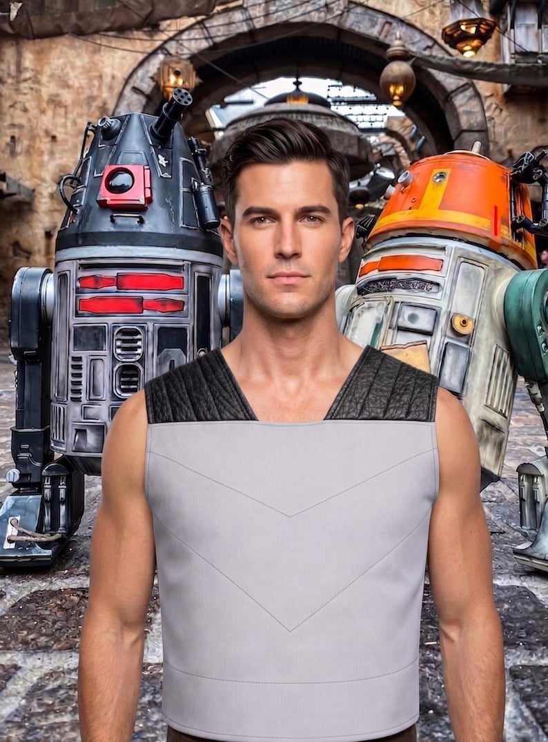 May include: A sleeveless light gray tunic featuring black textured shoulder panels and a subtle V-shaped stitched pattern on the front. The garment is worn by a person standing between a black and red robotic figure and an orange and white droid.