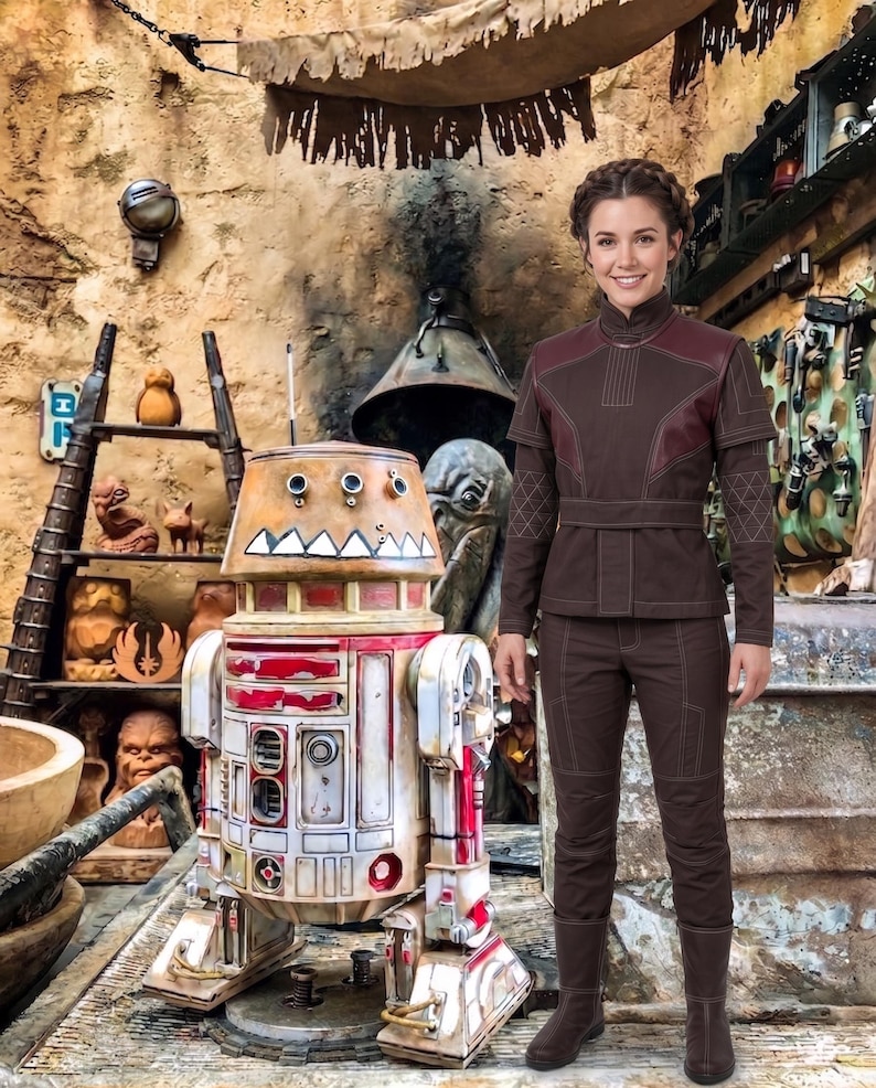 May include: A person wearing a dark brown long-sleeved tunic with a high collar and matching trousers, standing next to a weathered, cylindrical droid with a white, red, and tan finish, featuring a painted jagged tooth design on its dome.