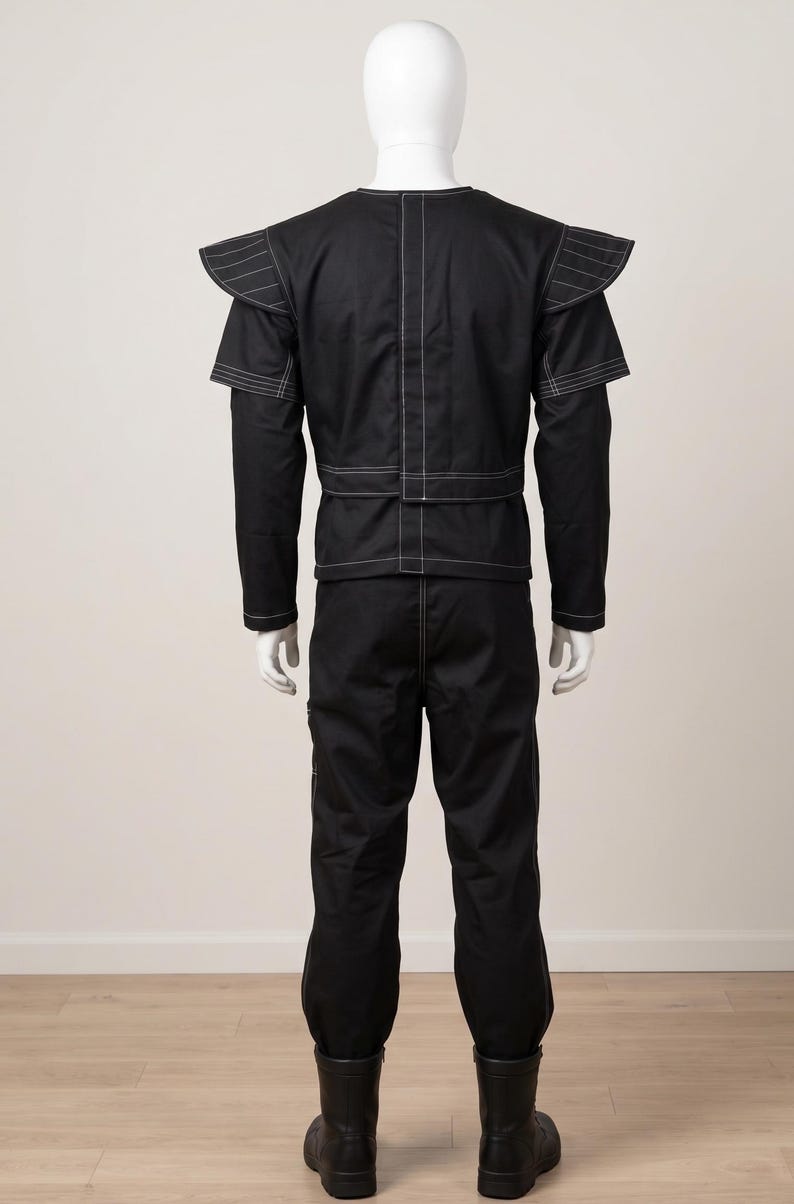 Pu&ograve; includere: Un completo nero composto da giacca a maniche lunghe e pantaloni abbinati con evidenti impunture bianche. La giacca presenta pannelli strutturati sulle spalle con dettagli a strati e una cucitura verticale sul retro. Pantaloni a gamba dritta.