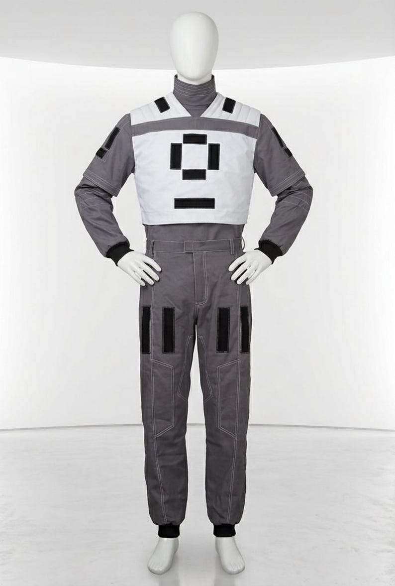 May include: A gray jumpsuit featuring a white chest panel with black rectangular accents. The garment includes long sleeves with black cuffs, a high collar, and matching gray trousers with white contrast stitching and black rectangular patches.