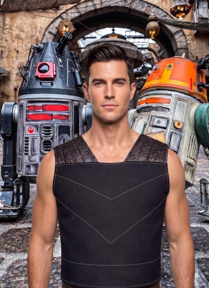 May include: A sleeveless black vest featuring a textured dark brown shoulder panel and white stitched chevron detailing on the front. The garment is worn in front of two robotic figures, one black and red and the other orange and white.