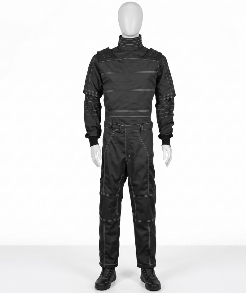 Pu&ograve; includere: Tuta da corsa nera con cuciture bianche. La tuta presenta un collo alto, maniche lunghe e una silhouette aderente. I pantaloni hanno pannelli rinforzati sulle ginocchia e una cintura. La tuta &egrave; esposta su un manichino.
