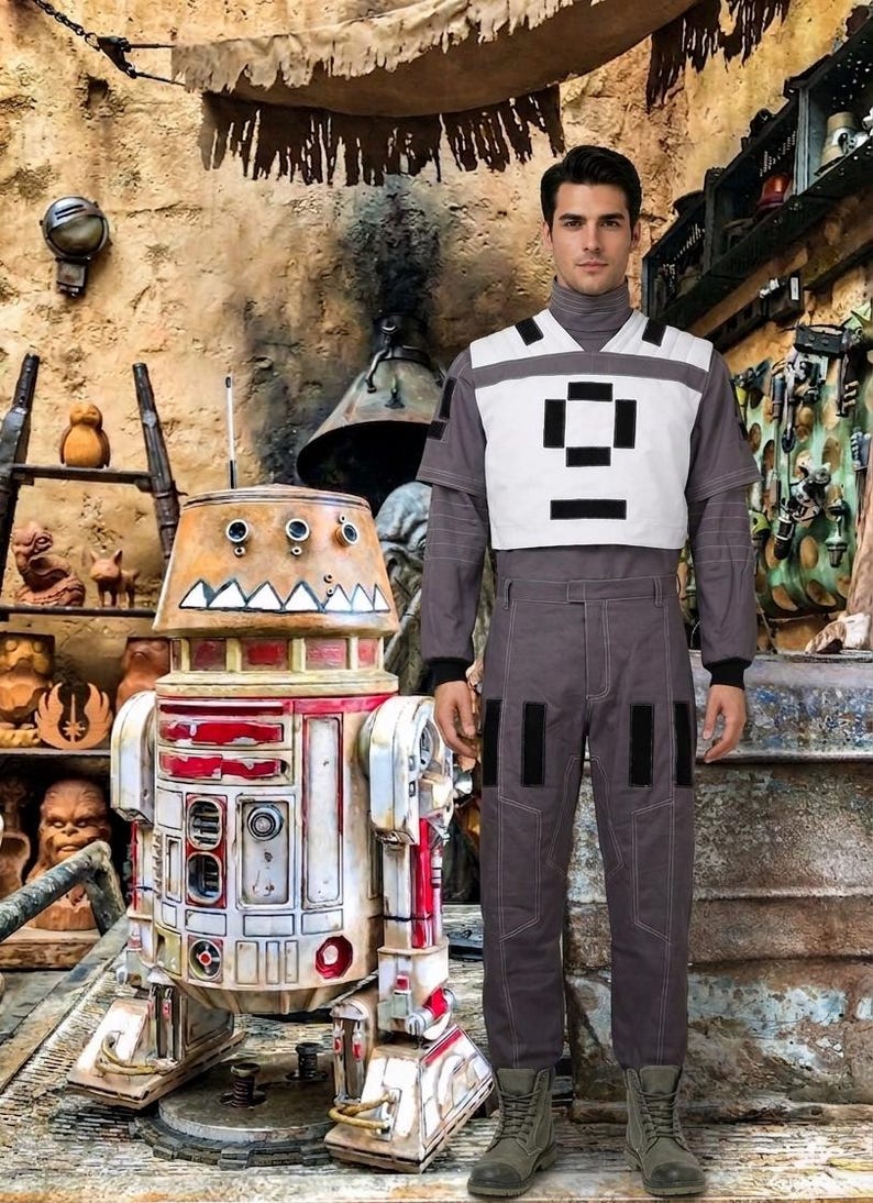 May include: A grey jumpsuit with a white chest panel featuring black rectangular accents, paired with grey boots. Beside the jumpsuit stands a weathered, cylindrical droid with a red and white paint finish, featuring a jagged tooth pattern.