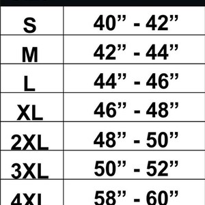 May include: A black and white size chart table listing sizes S through 5XL with corresponding chest measurements in inches. The table displays S: 40-42 inches, M: 42-44 inches, L: 44-46 inches, XL: 46-48 inches, 2XL: 48-50 inches, 3XL: 50-52 inches, 4XL: 58-60 inches, and 5XL: 62-64 inches.