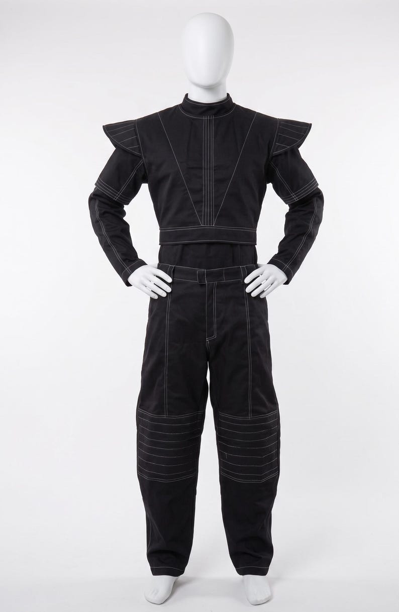 Pu&ograve; includere: Un completo nero composto da un top corto a maniche lunghe e pantaloni abbinati. Il top presenta un colletto alto, spalline strutturate e cuciture bianche a contrasto. I pantaloni hanno un taglio dritto con dettagli di cuciture bianche.