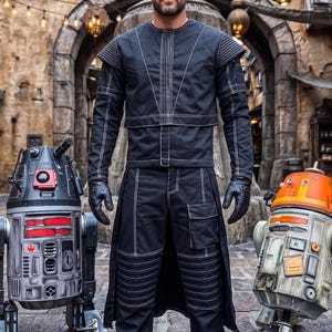 May include: A black long-sleeved jacket and matching trousers with white contrast stitching, featuring a layered top, ribbed knee detailing, and a side pocket, worn with black gloves and boots, flanked by a grey and an orange robotic droid.
