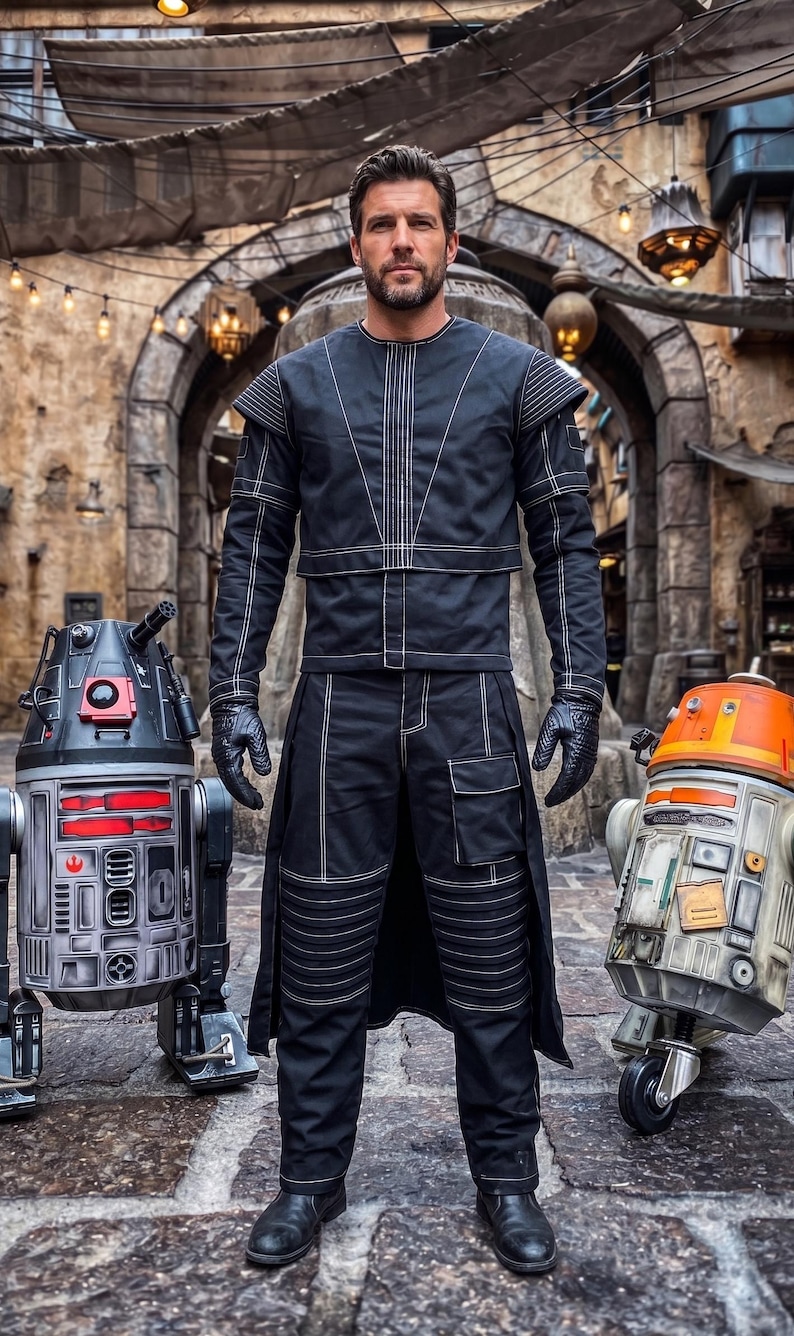 May include: A black long-sleeved jacket and matching trousers with white contrast stitching, featuring a layered top, ribbed knee detailing, and a side pocket, worn with black gloves and boots, flanked by a grey and an orange robotic droid.