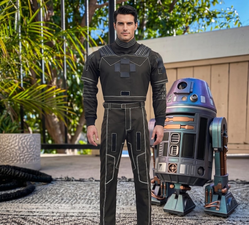 May include: A dark olive green tactical uniform featuring a high-neck top with structured shoulder panels and matching trousers with white contrast stitching, standing beside a metallic, iridescent blue and copper-toned cylindrical droid figure.