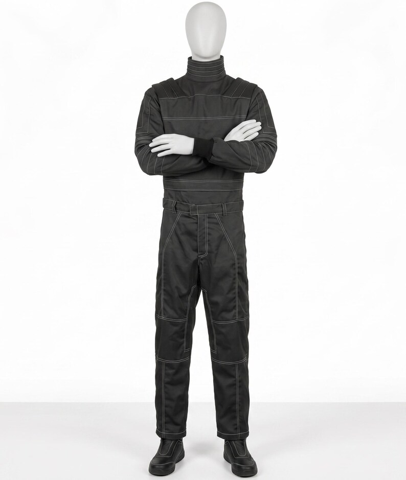 Pu&ograve; includere: Tuta da corsa grigio scuro con cuciture bianche, esposta su un manichino. La tuta presenta un collo alto, maniche lunghe e pantaloni abbinati. Il manichino indossa stivali neri. Progettata per gli sport motoristici.