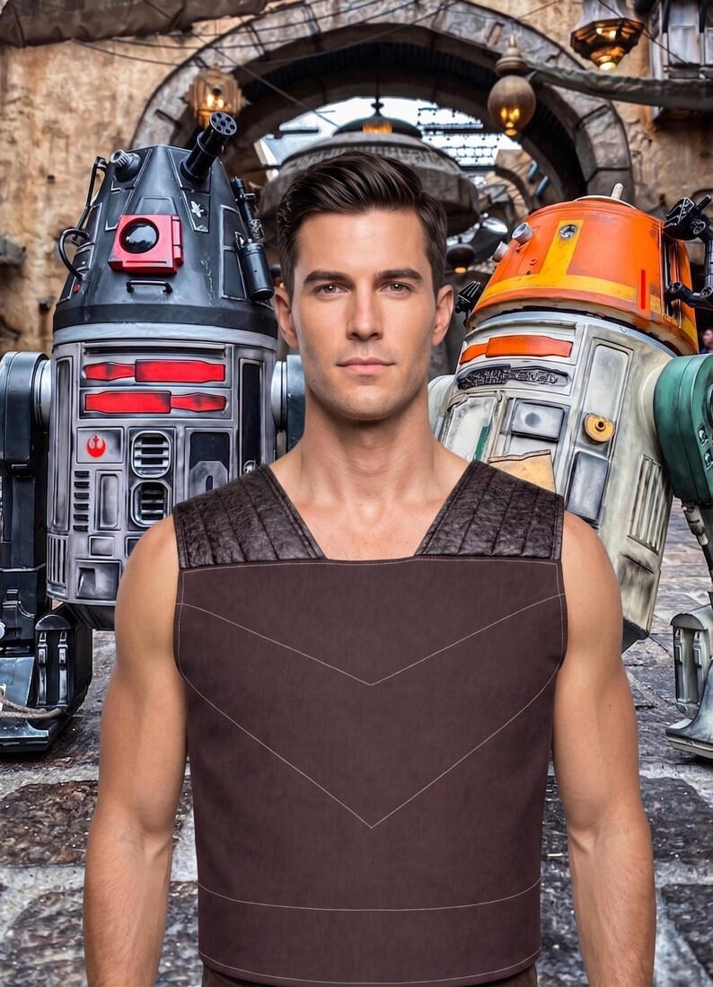 May include: A sleeveless brown tunic featuring a square neckline, textured shoulder panels, and subtle white chevron stitching across the chest. The garment is worn by a person standing between a black and silver droid and an orange and white droid.