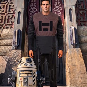 May include: A person in a brown and black outfit with a droid. The outfit includes a brown vest with a black emblem, a black long-sleeve shirt, and black trousers. A beige and black droid stands next to the person. The background features a stone archway.