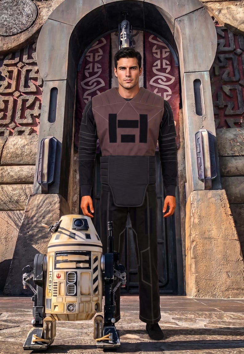 May include: A person in a brown and black outfit with a droid. The outfit includes a brown vest with a black emblem, a black long-sleeve shirt, and black trousers. A beige and black droid stands next to the person. The background features a stone archway.