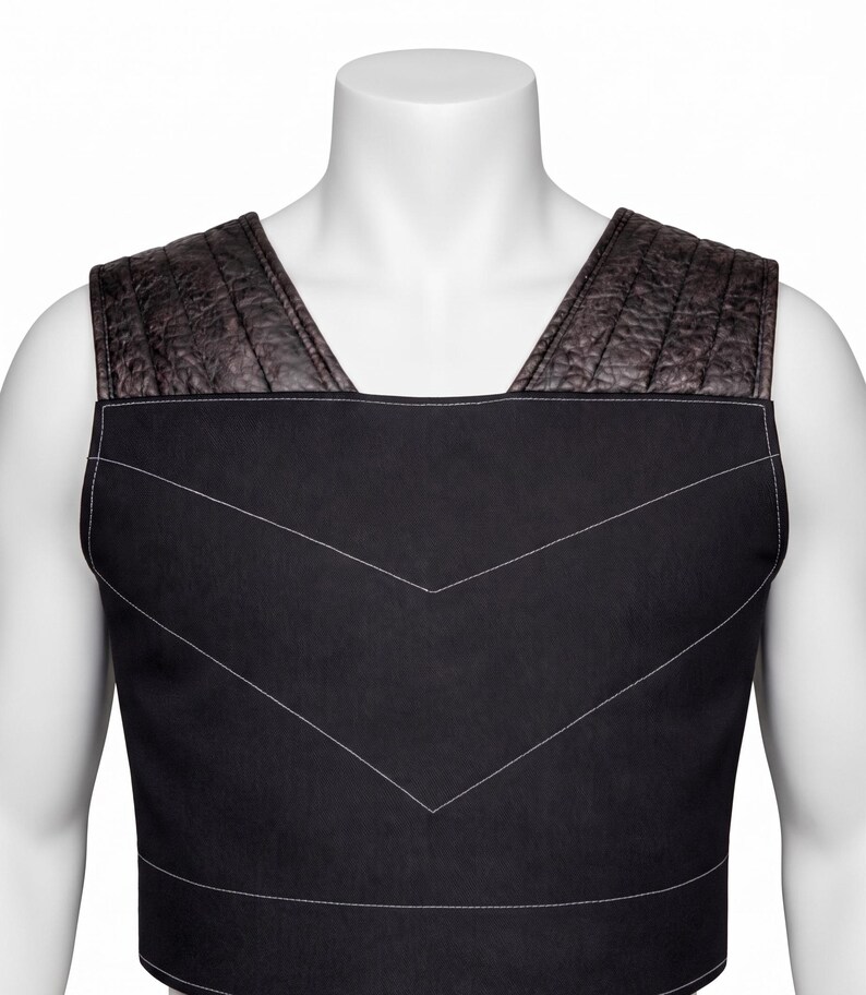 May include: A black sleeveless vest featuring a square neckline and wide shoulder straps with a dark brown textured finish. The main body of the vest is made of smooth black fabric with white topstitching forming two chevron patterns on the chest.
