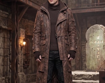Trench-coat en toile effet vieilli - Veste longue tactique robuste, manteau Wasteland Drifter, plumeau gothique cyberpunk