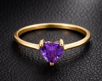 Handmade 10-14K Solid Gold Amethyst Heart Ring, February Birthstone