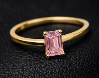 Solid Gold Rectangle Pink Tourmaline Minimalist Ring, , October Birthstone, Promis Personalized Ring