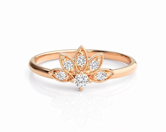 Lotus Handmade Women Rings, Solid Gold Handcraft Valentines Day Gift, Diamonds Gold Ring