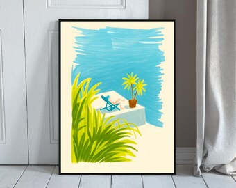Zonnebaden | Kunstige zeeprint | Vakantiereisafdruk | Oceaanverfprint | Trendy muurkunst | Vakantiereizen afdrukken | Digitale kunst beschikbaar