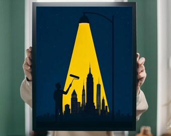 De skyline van New York schilderen | Surrealistische kunst aan de muur | Straatlantaarnkunstposter | Lantaarnpaal kunstafdruk | New Yorkse kunst | Skyline-afdruk | Digitale afdruk