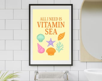 Alles wat ik nodig heb is vitaminezee poster | Badkamerafdrukken | Zomerprints | Zeeposters | Muurkunst schelp | Schelpposters | DIGITALE KUNST BESCHIKBAAR